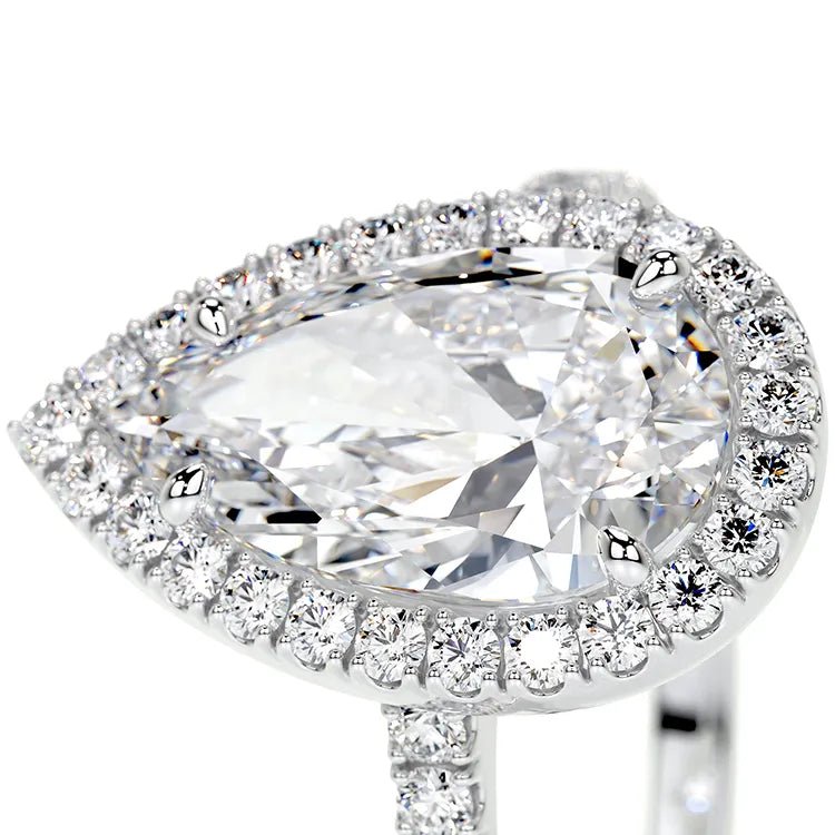 Two Carat Brilliant Pear Cut Lab Created Diamond Single Halo Engagement Ring in 14 Karat White Gold - Boutique Pavè