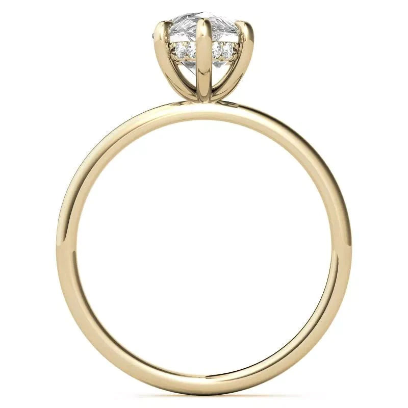 Two Carat Brilliant Pear Cut Moissanite Solitaire Hidden Halo Engagement Ring in 14 Karat Yellow Gold - Boutique Pavè