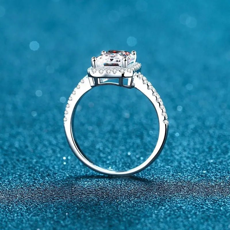 Two Carat Brilliant Radiant Cut Moissanite Halo Engagement Ring in Platinum Plated Sterling Silver - Boutique Pavè