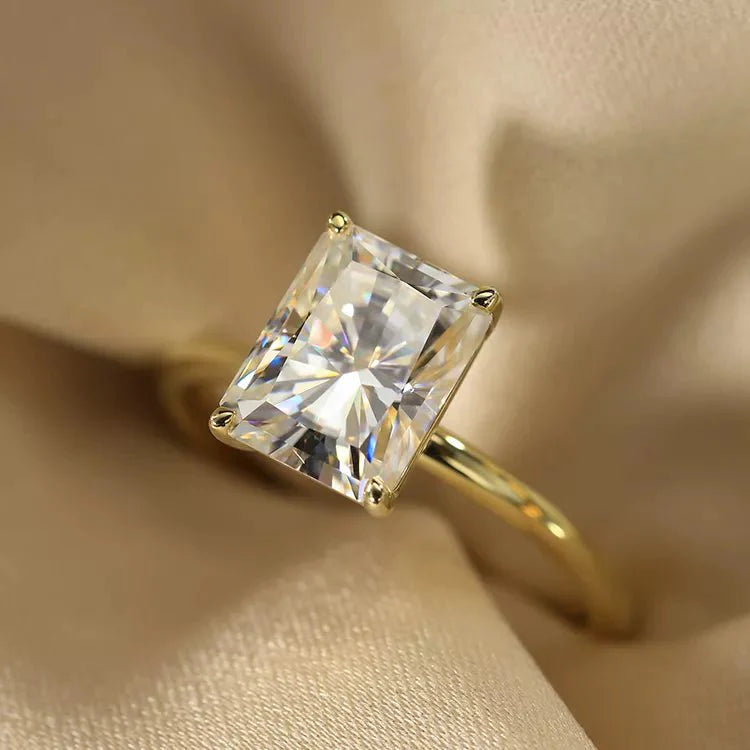 Two Carat Brilliant Radiant Cut Moissanite Solitaire Engagement Ring in 18 Karat Yellow Gold - Boutique Pavè