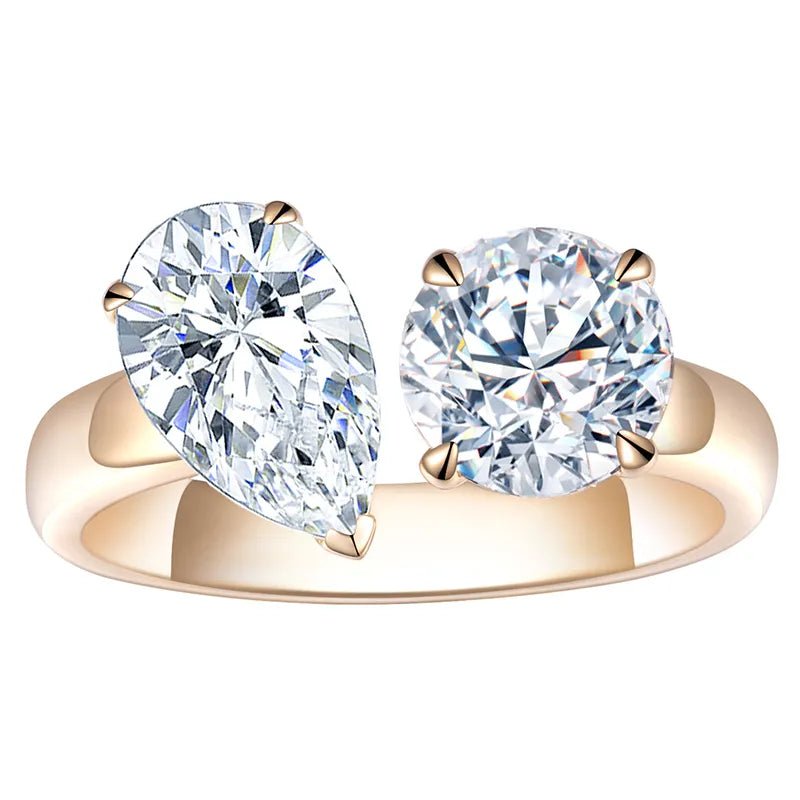 Two Carat Brilliant Round and Pear Cut Lab Created Diamond Moi et Toi Engagement Ring in 18 Karat Gold - Boutique Pavè