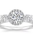 Two Carat Brilliant Round Cut Moissanite Halo Three Stone Engagement Ring in 18 Karat White Gold - Boutique Pavè