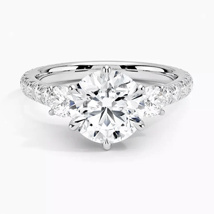 Two Carat Brilliant Round Cut Moissanite Three Stone Pave Engagement Ring in 18 Karat White Gold - Boutique Pavè