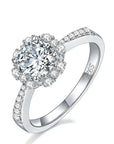 Two Carat Brilliant Round Moissanite Flower Halo Engagement Ring in Platinum Plated Sterling Silver - Boutique Pavè