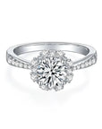 Two Carat Brilliant Round Moissanite Flower Halo Engagement Ring in Platinum Plated Sterling Silver - Boutique Pavè
