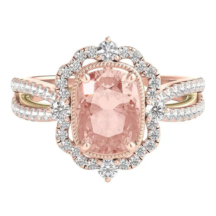 Two Carat Cushion Cut Lab Created Morganite and Moissanite Vintage Halo Engagement Ring in 14 Karat Yellow and Rose Gold - Boutique Pavè
