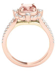 Two Carat Cushion Cut Lab Created Morganite and Moissanite Vintage Halo Engagement Ring in 14 Karat Yellow and Rose Gold - Boutique Pavè