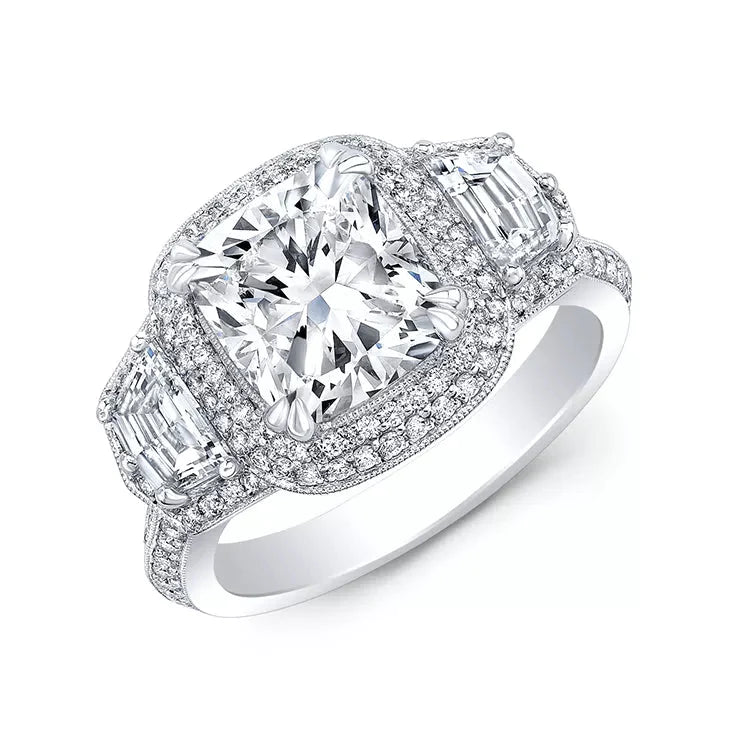 Two Carat Cushion Cut Moissanite Three Stone Halo Engagement Ring in 18 Karat White Gold - Boutique Pavè