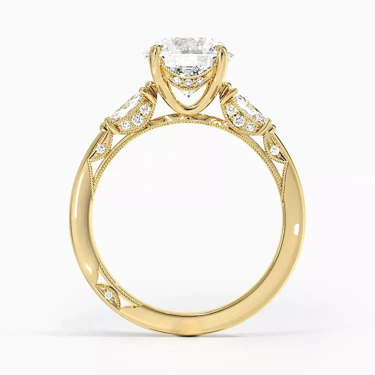 Two Carat Cut Brilliant Round Cut Moissanite Vintage Three Stone Engagement Ring in 14 Karat Yellow Gold - Boutique Pavè