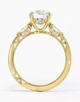 Two Carat Cut Brilliant Round Cut Moissanite Vintage Three Stone Engagement Ring in 14 Karat Yellow Gold - Boutique Pavè
