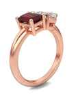 Two Carat Emerald and Pear Cut Moissanite and Lab Ruby Toi Et Moi Engagement Ring in 14 Karat Rose Gold - Boutique Pavè