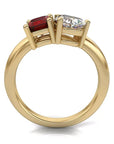 Two Carat Emerald and Pear Cut Moissanite and Lab Ruby Toi Et Moi Engagement Ring in 14 Karat Yellow Gold - Boutique Pavè