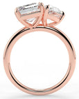 Two Carat Emerald and Pear Cut Moissanite Moi et Toi Engagement Ring in 14 Karat Rose Gold - Boutique Pavè