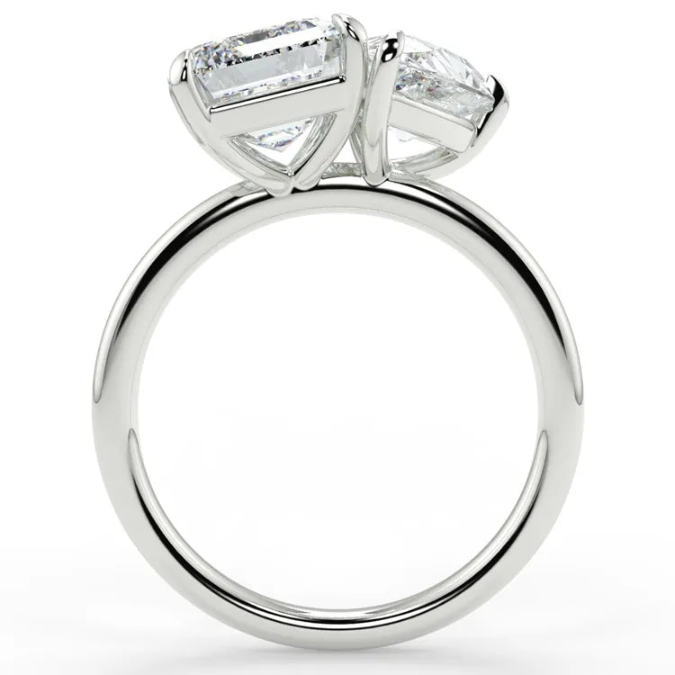 Two Carat Emerald and Pear Cut Moissanite Moi et Toi Engagement Ring in 14 Karat White Gold - Boutique Pavè