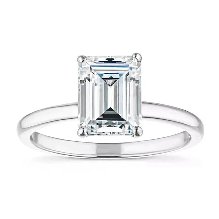 Two Carat Emerald Cut Lab Created Diamond Solitaire Engagement Ring in 14 Karat White Gold - Boutique Pavè