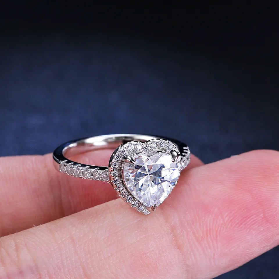 Two Carat Heart Cut Moissanite Halo Engagement Ring in Platinum Plated Sterling Silver - Boutique Pavè