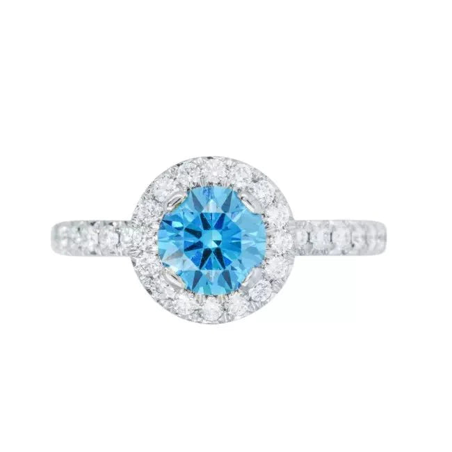 Two Carat Lab Created Blue Diamond Pave Solitaire Engagement Ring in 18 Karat White Gold - Boutique Pavè