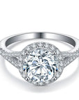 Two Carat Moissanite Split Shank Halo Engagement Ring in Platinum Plated Sterling Silver - Boutique Pavè