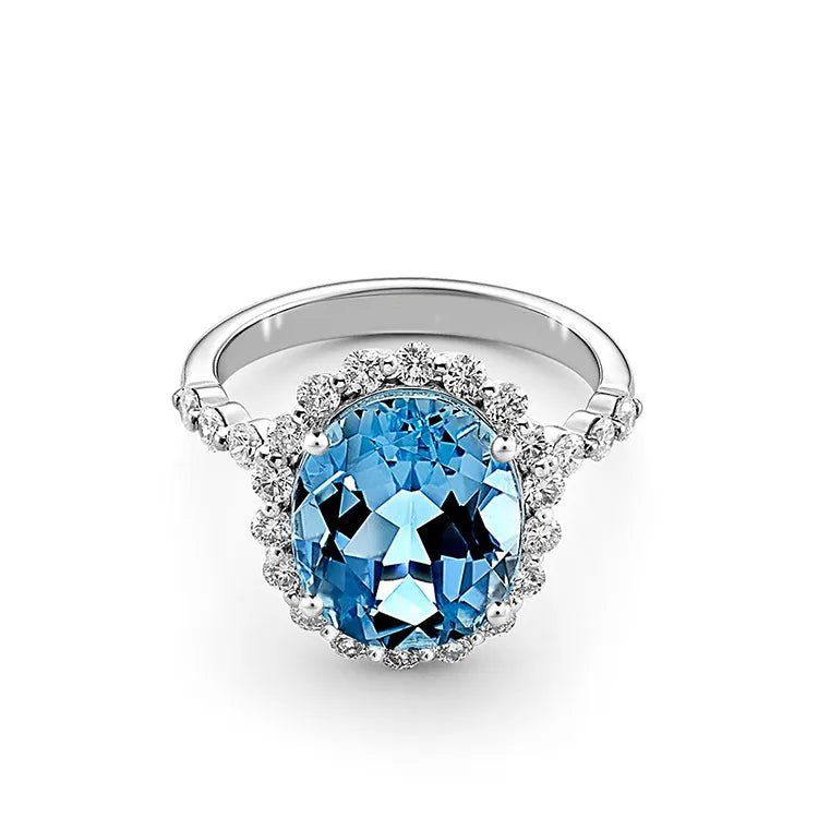 Two Carat Old European Oval Cut Lab Created Aquamarine and Moissanite Halo Statement Ring in 14 Karat Gold - Boutique Pavè