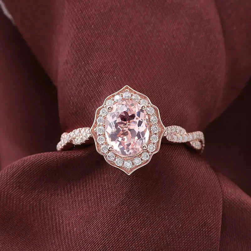 Two Carat Oval Cut Pink Moissanite Vintage Inspired Engagement Ring in 14 Karat Rose Gold - Boutique Pavè