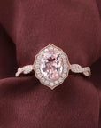 Two Carat Oval Cut Pink Moissanite Vintage Inspired Engagement Ring in 14 Karat Rose Gold - Boutique Pavè
