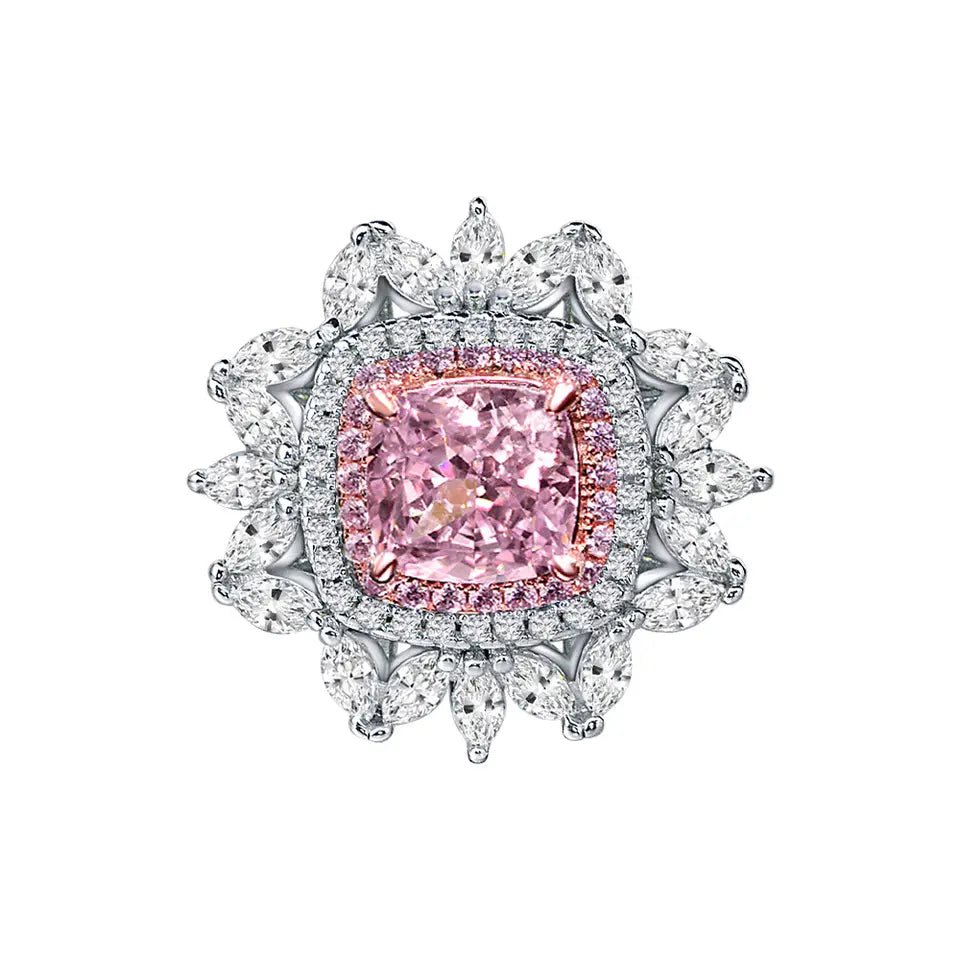 Two Carat Radiant Cut Fancy Pink Cubic Zirconia Halo Statement Ring in Platinum Plated Sterling Silver - Boutique Pavè