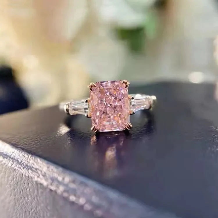 Two Carat Radiant Cut Pink Moissanite Engagement Ring in 18 Karat White Gold - Boutique Pavè