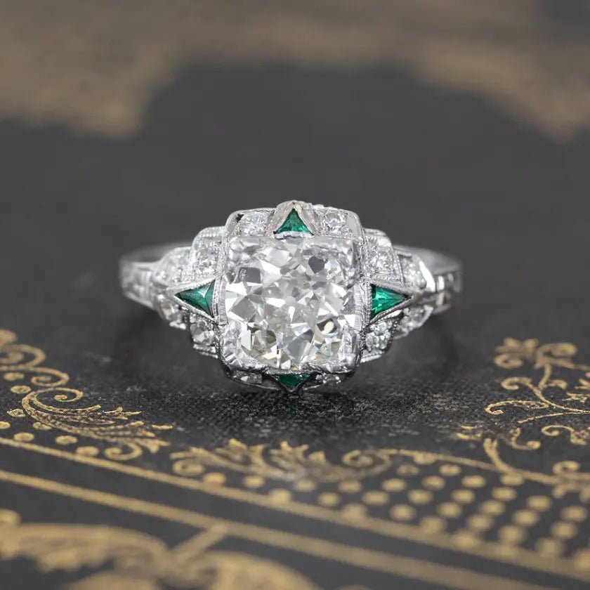 Vintage Cushion Cut Cubic Zirconia and Imitation Emerald Engagement Ring - Boutique Pavè