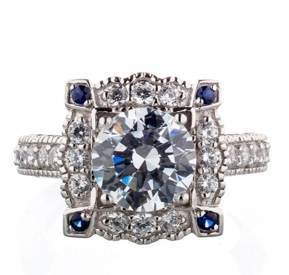 Vintage Faux Diamond & Sapphire Point Engagement Ring In Sterling Silver - Boutique Pavè