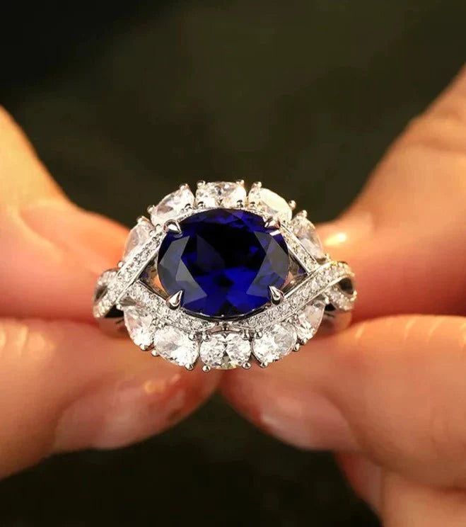 Vintage Five Carat Oval Cut Lab Created Sapphire and CZ Engagement Ring in White Gold Plated Sterling Silver - Boutique Pavè