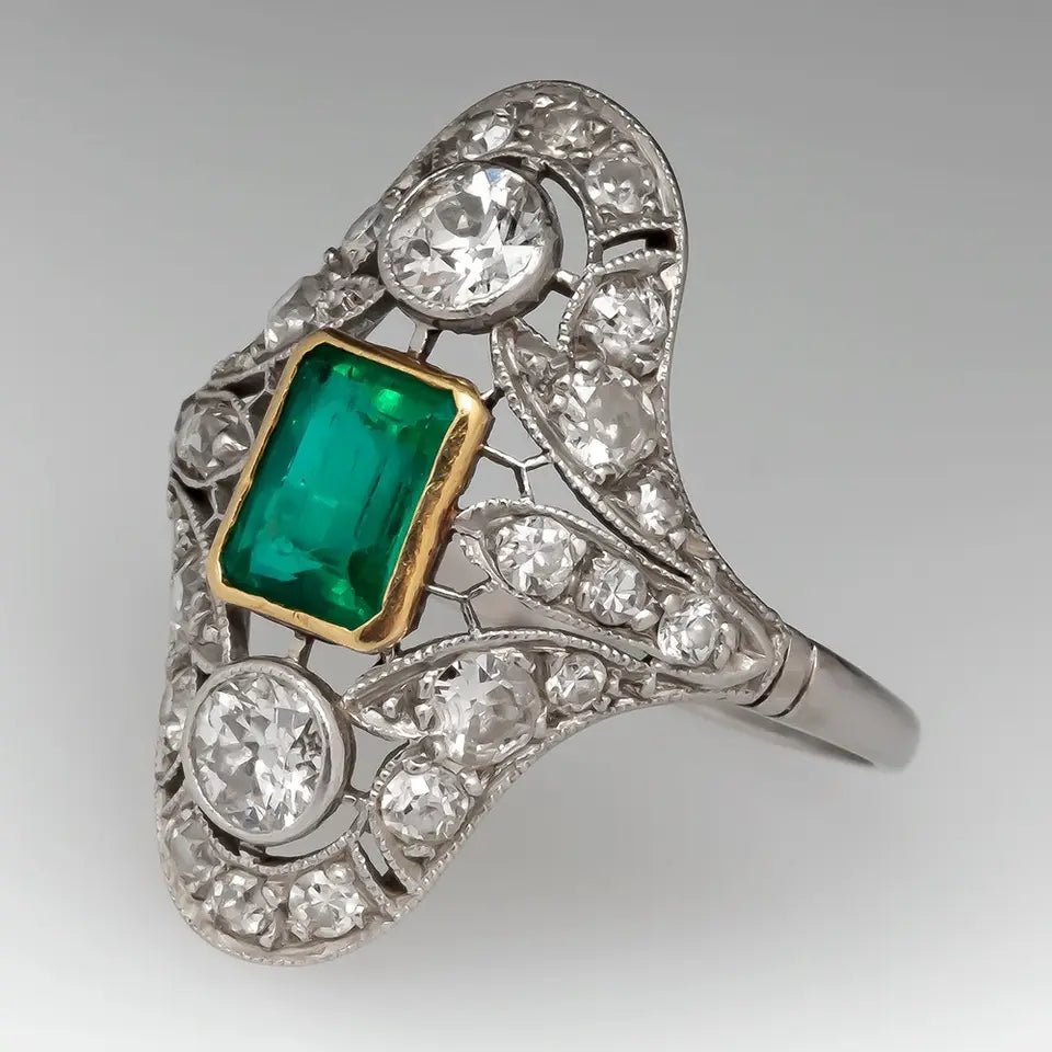 Vintage Inspired Bezel Set Emerald Green Cubic Zirconia Silver Engagement Ring - Boutique Pavè