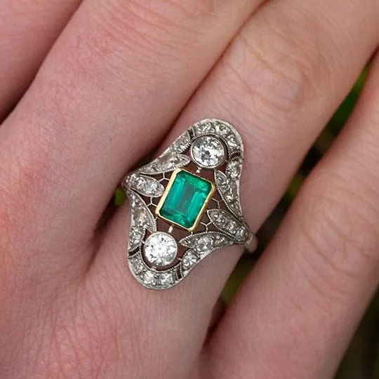 Vintage Inspired Bezel Set Emerald Green Cubic Zirconia Silver Engagement Ring - Boutique Pavè