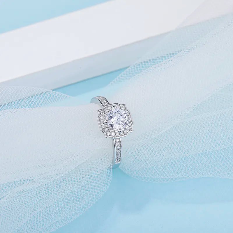 Vintage Inspired Brilliant Round Cut Moissanite Halo Engagement Ring in Platinum Plated Sterling Silver - Boutique Pavè
