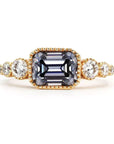 Vintage Inspired East West Two Carat Emerald Cut Gray Moissanite Engagement Ring in 10 Karat Yellow Gold - Boutique Pavè