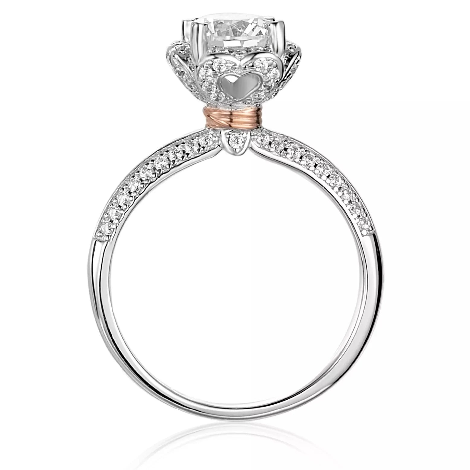 Vintage Inspired Lab Created Diamond Halo of Hearts Engagement Ring in 14 Karat Rose and White Gold - Boutique Pavè