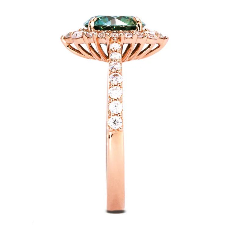 Vintage Inspired One Carat Round Cut Green Moissanite Halo Engagement Ring in 18 Karat Rose Gold - Boutique Pavè