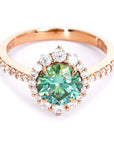 Vintage Inspired One Carat Round Cut Green Moissanite Halo Engagement Ring in 18 Karat Rose Gold - Boutique Pavè