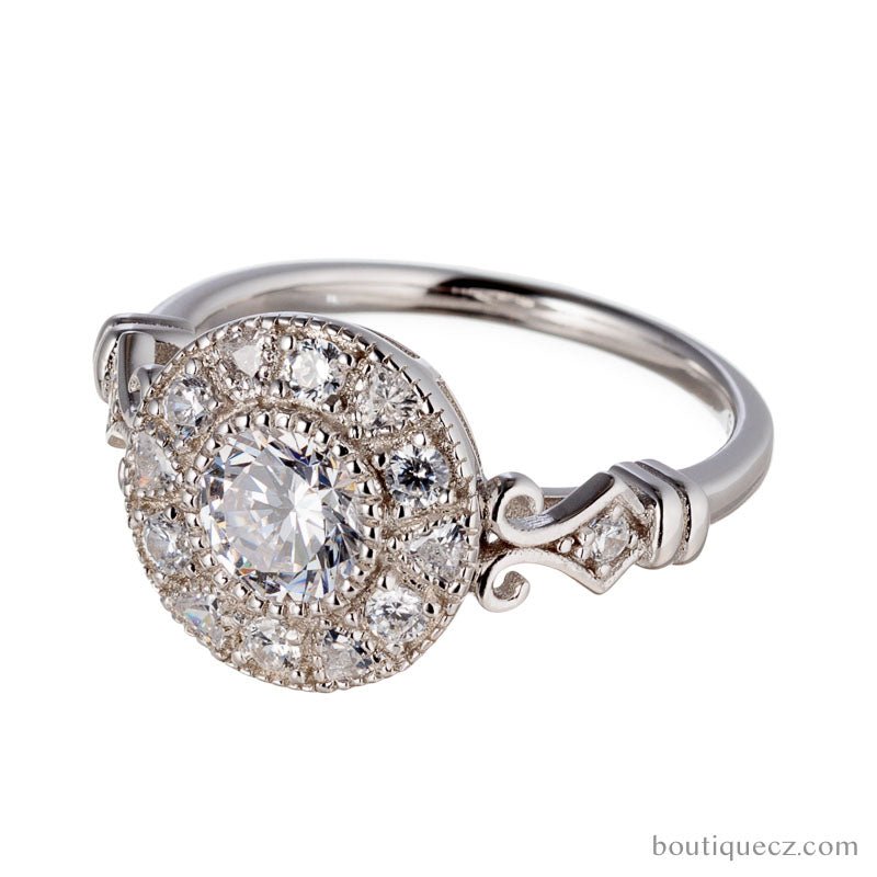 Vintage Inspired Round Cut Halo Cubic Zirconia Engagement Ring In Sterling Silver - Boutique Pavè