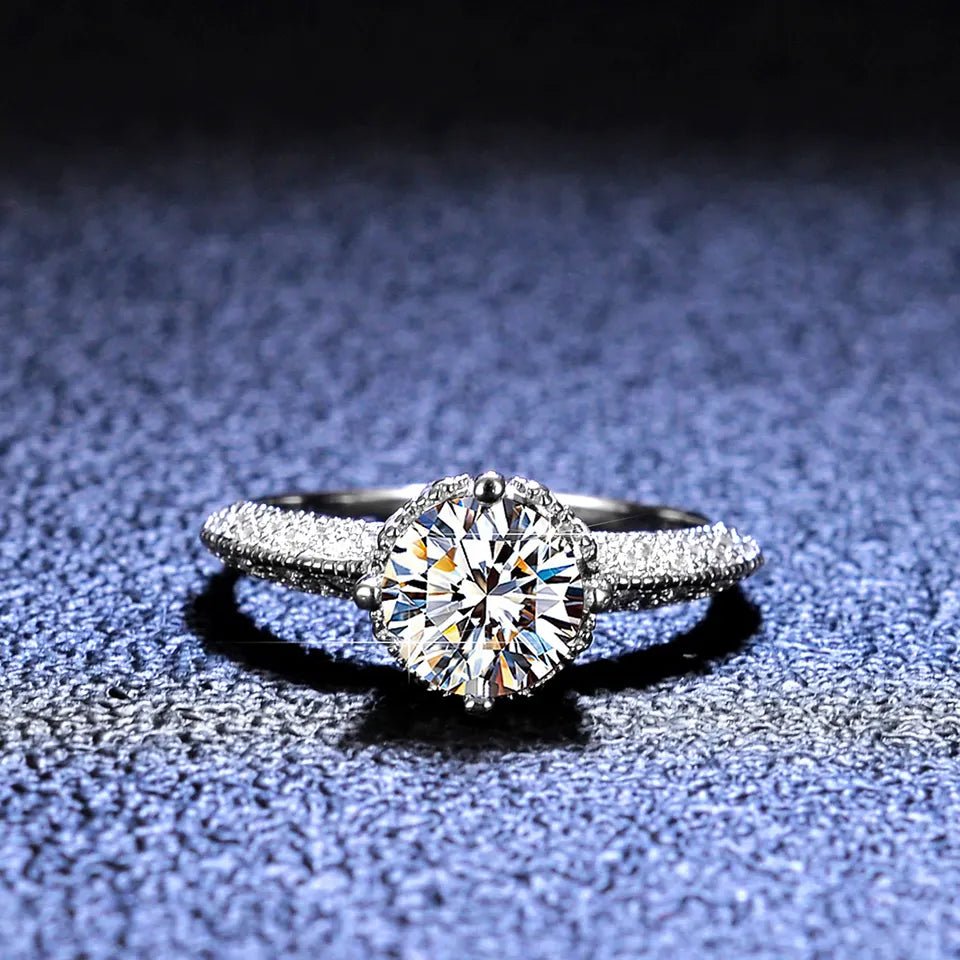 Vintage One Carat Brilliant Round Cut Moissanite Pave Solitaire Engagement Ring in Platinum Plated Sterling Silver - Boutique Pavè